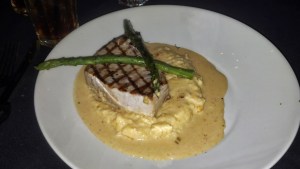 Grilled Swordfish with Creamy Cheese Grits and Lobster Gravy