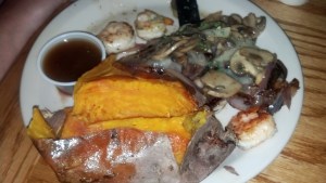 Beef Tips, smothered with mushrooms and cheese, with shrimp